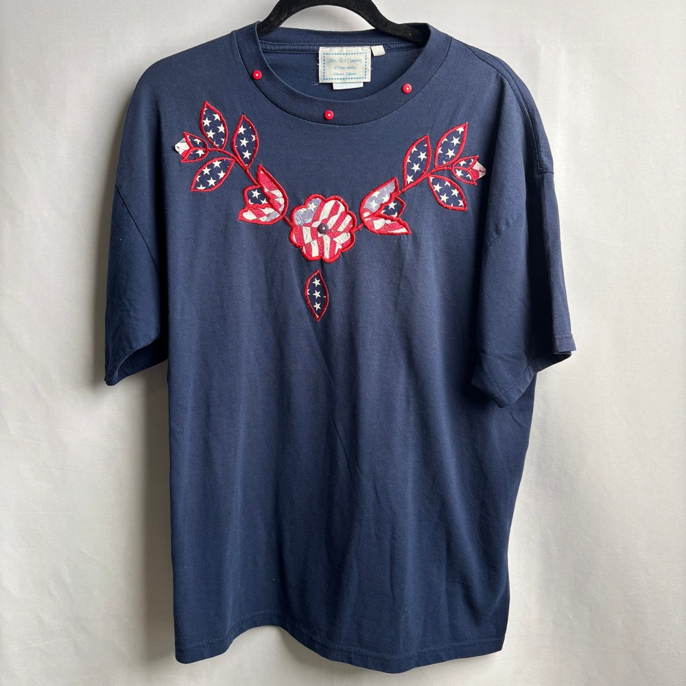 VTG 90s Jerzees Patriotic Floral T-Shirt XL Navy Blue USA Cottage Gma Core